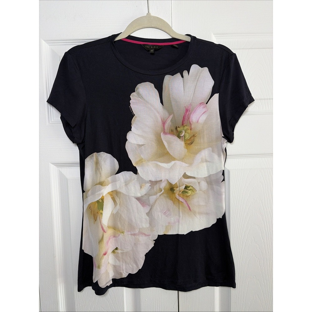 Ted Baker Floral Graphic Tee Womens Size 3 L Navy Blue Short Sleeve Jersey Top